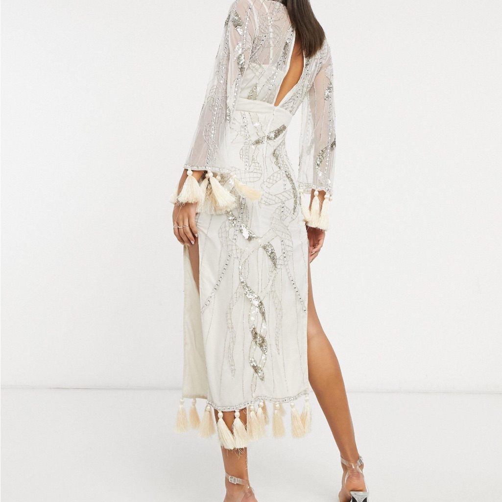 Asos Sequin Embellished Midi Dress In Silver And Cream
